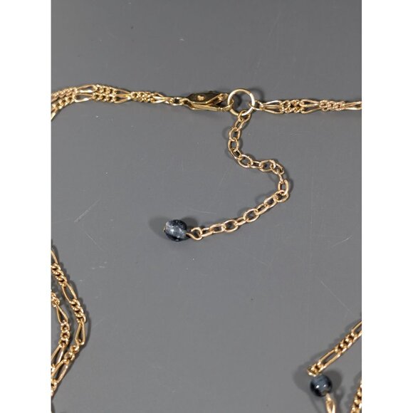 Retro Blue Glass Bead Gold Tone Figaro Multi Chain Tassel Layer Necklace 17" - Picture 6 of 7